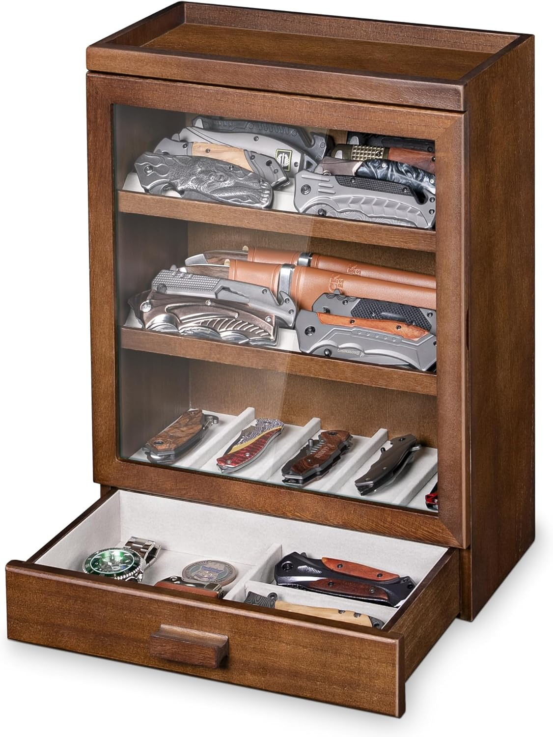 Knife Collection Display Holder with Glass Lid & Drawers, Walnut
