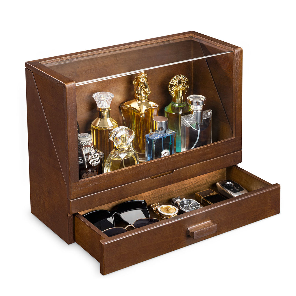 Cologne Organizer for Men, Wood Perfume Organizer Storage with Drawer & Acrylic Panel-Large