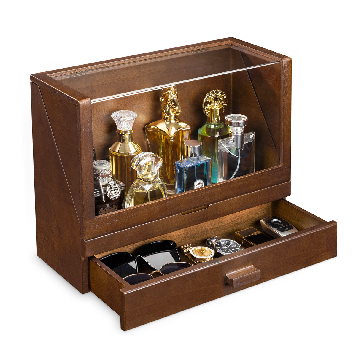 Cologne Organizer for Men, Wood Perfume Organizer Storage with Drawer & Acrylic Panel-Large