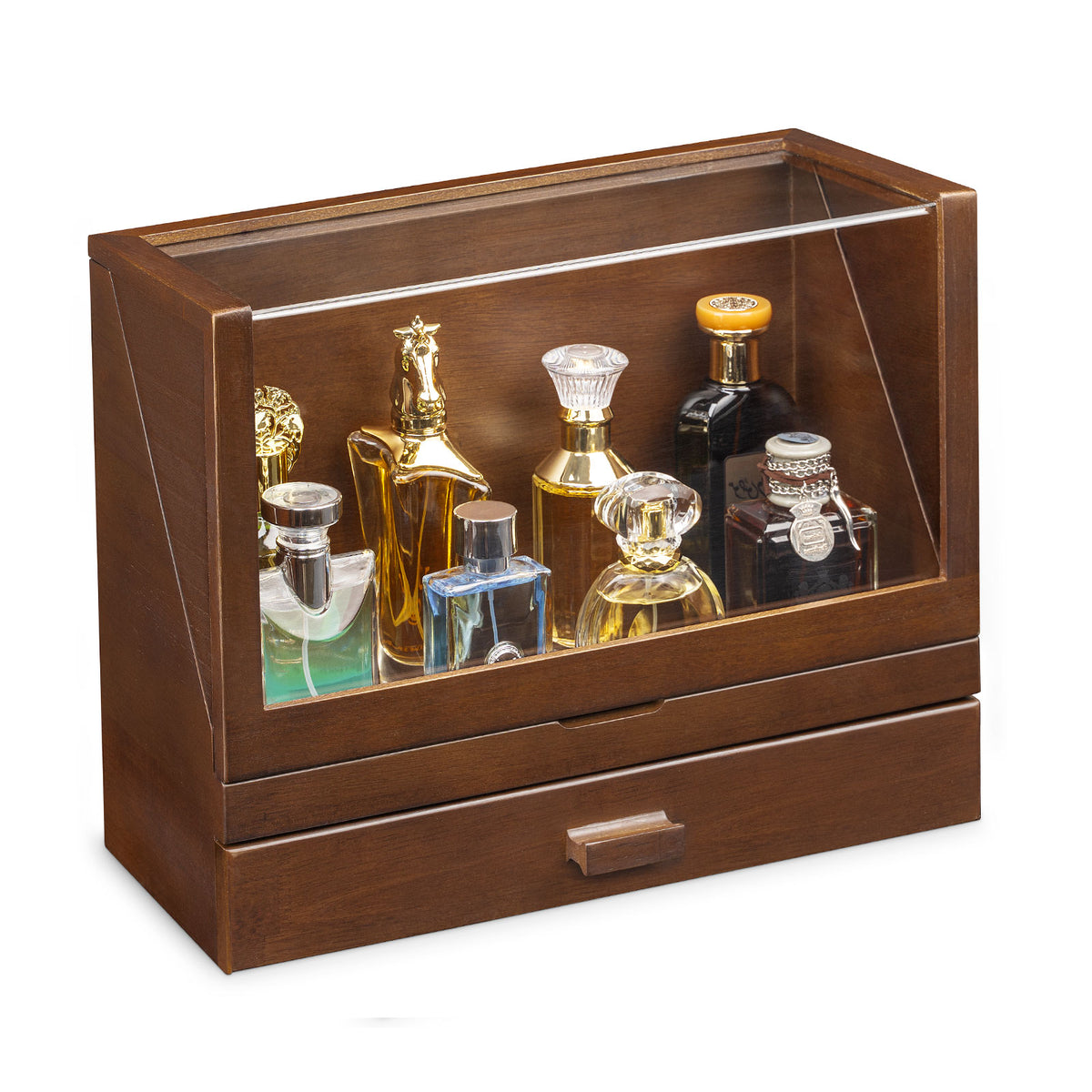 Cologne Organizer for Men, Wood Perfume Organizer Storage with Drawer & Acrylic Panel-Large