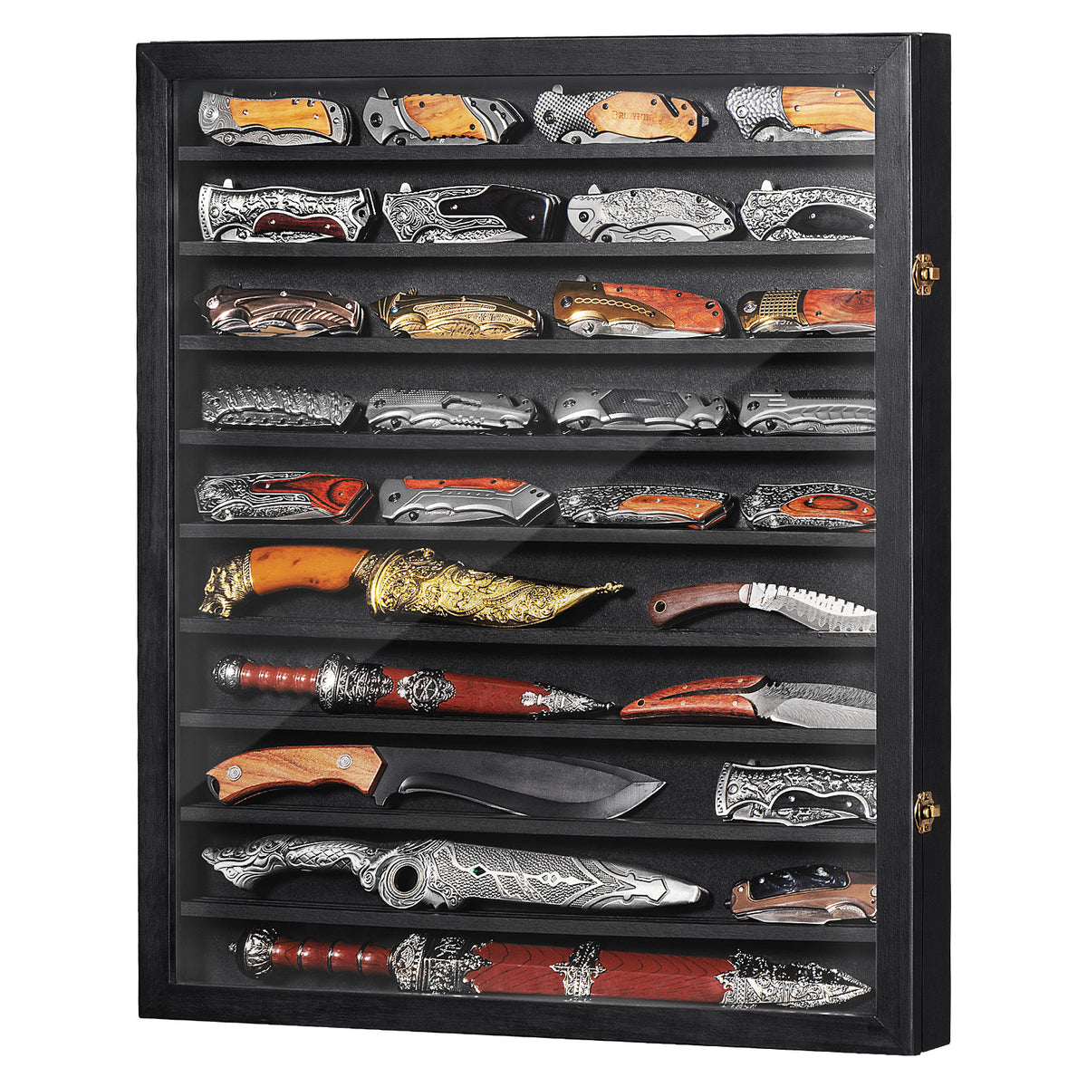 Knife Display Case for Collections, Pocket Knife Display Case with Acrylic Glass, Lockable Storage Cases with Removable Shelves, Wall-Mounted 10-Tier MDF Cabinet, Black