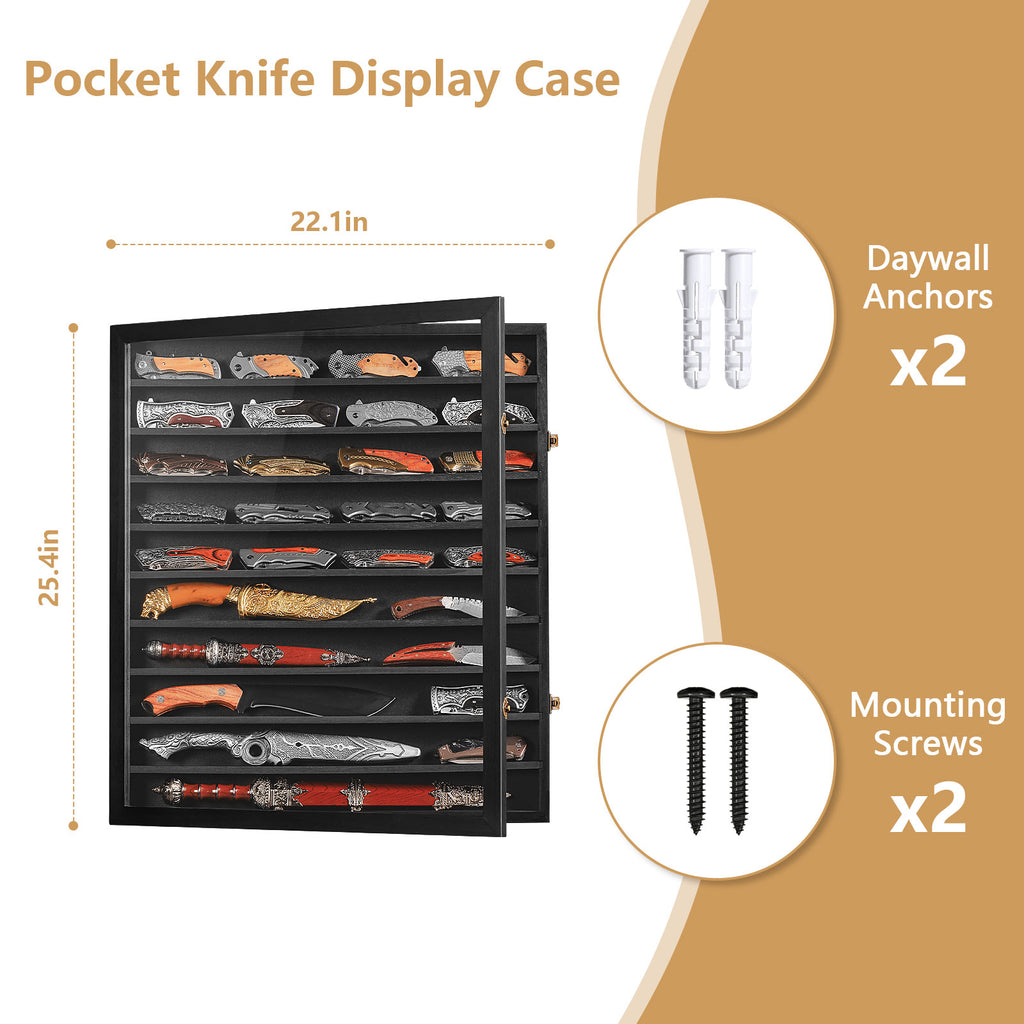 Knife Display Case for Collections, Pocket Knife Display Case with Acrylic Glass, Lockable Storage Cases with Removable Shelves, Wall-Mounted 10-Tier MDF Cabinet, Black