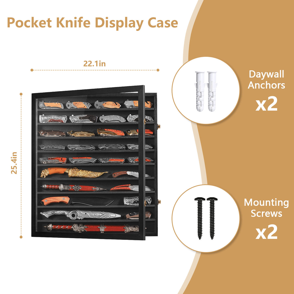 Knife Display Case for Collections, Pocket Knife Display Case with Acrylic Glass, Lockable Storage Cases with Removable Shelves, Wall-Mounted 10-Tier MDF Cabinet, Black