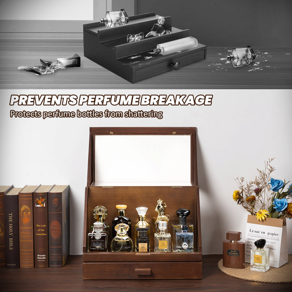 Cologne Organizer for Men, Wood Perfume Organizer Storage with Drawer & Acrylic Panel-Large