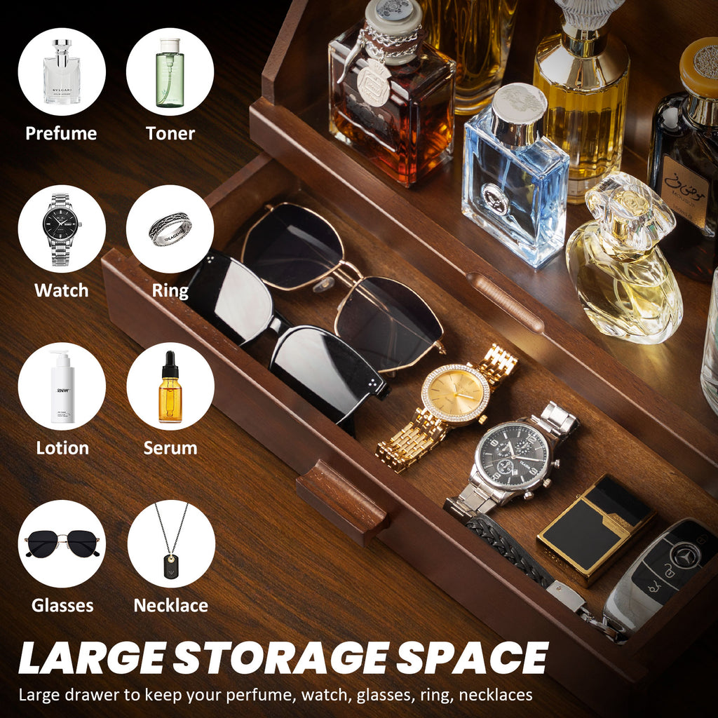 Cologne Organizer for Men, Wood Perfume Organizer Storage with Drawer & Acrylic Panel-Large