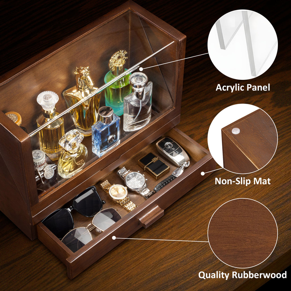 Cologne Organizer for Men, Wood Perfume Organizer Storage with Drawer & Acrylic Panel-Large