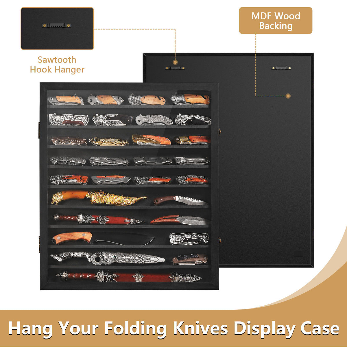 Knife Display Case for Collections, Pocket Knife Display Case with Acrylic Glass, Lockable Storage Cases with Removable Shelves, Wall-Mounted 10-Tier MDF Cabinet, Black