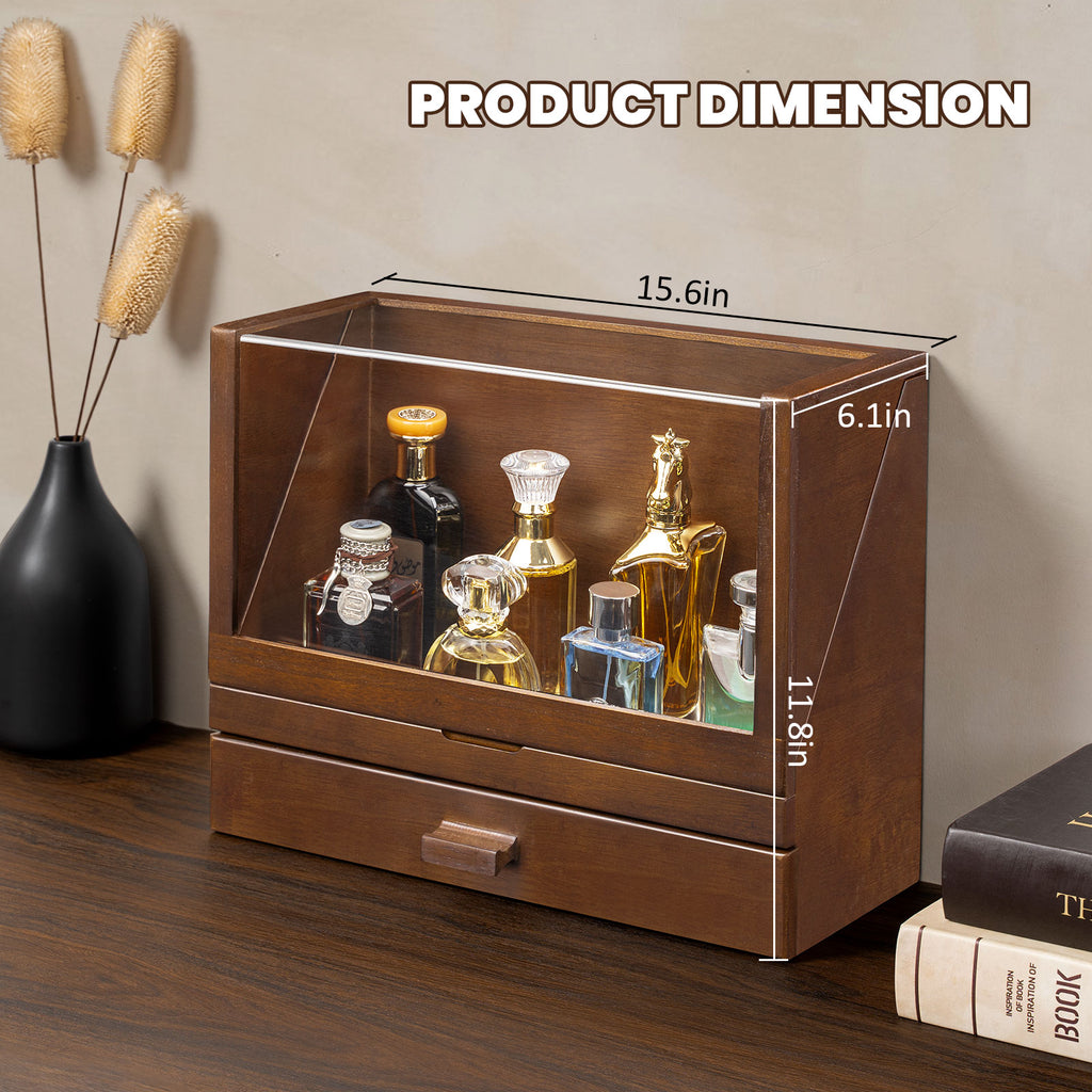 Cologne Organizer for Men, Wood Perfume Organizer Storage with Drawer & Acrylic Panel-Large