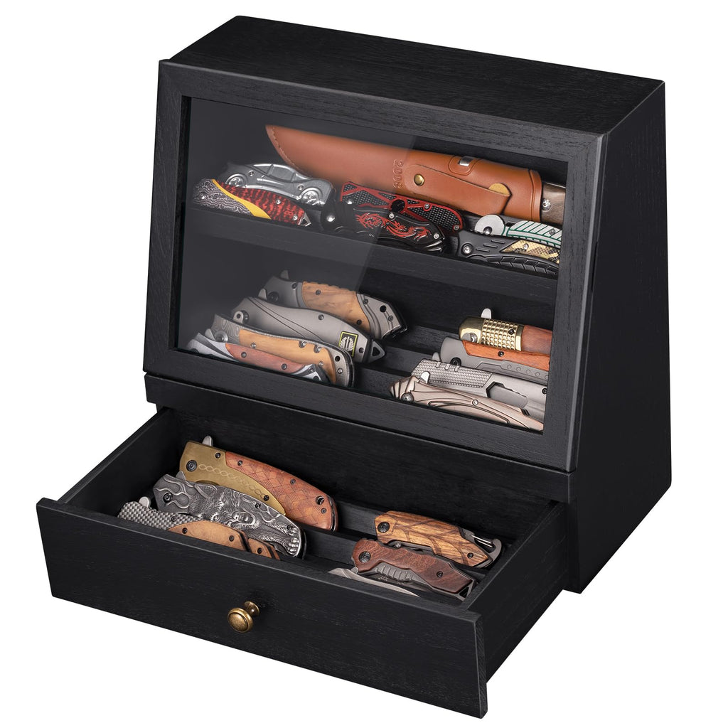 Knife Display Case, Knife Collection Display Holder with Glass Lid & Drawers