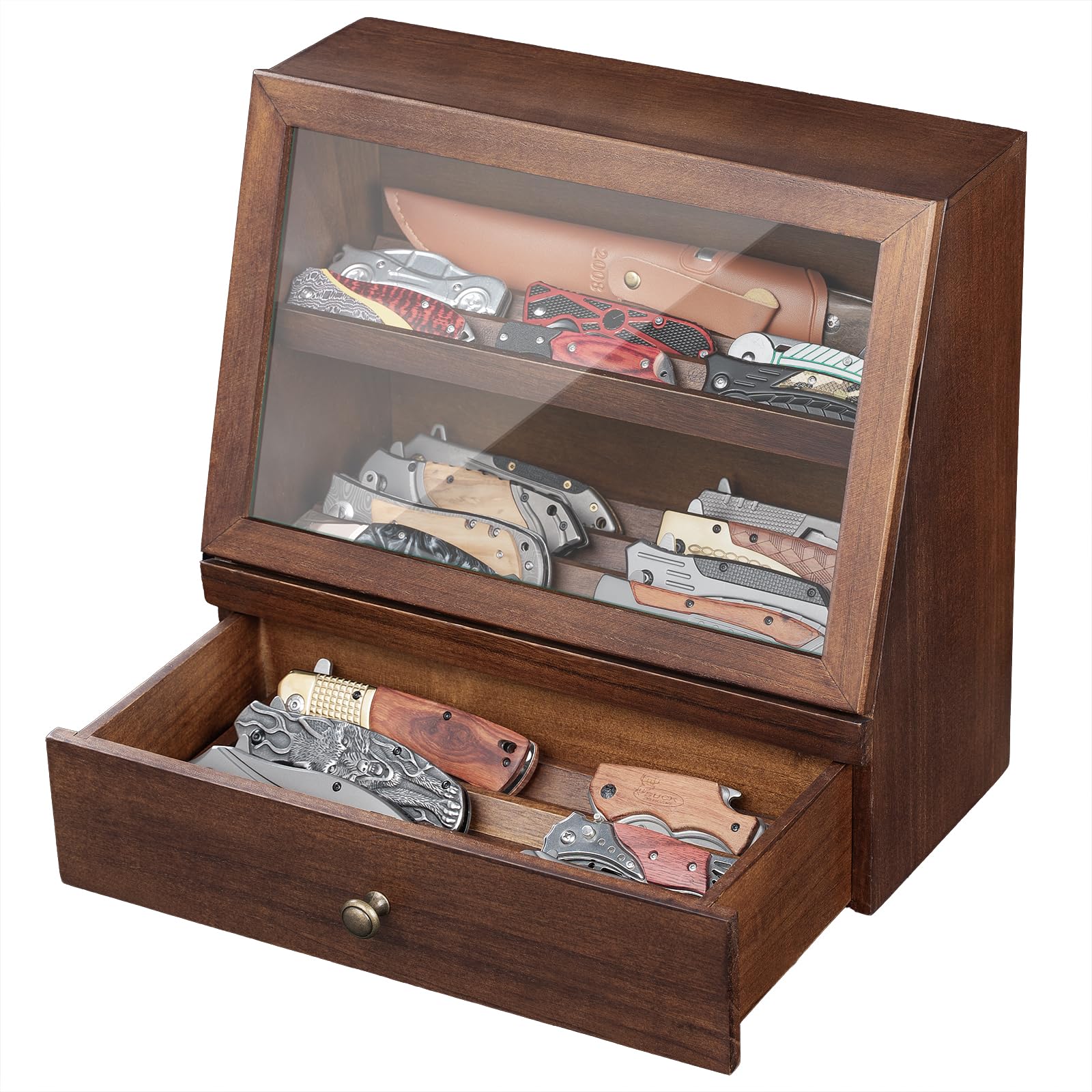 Knife Display Case, Knife Collection Display Holder with Glass Lid & Drawers