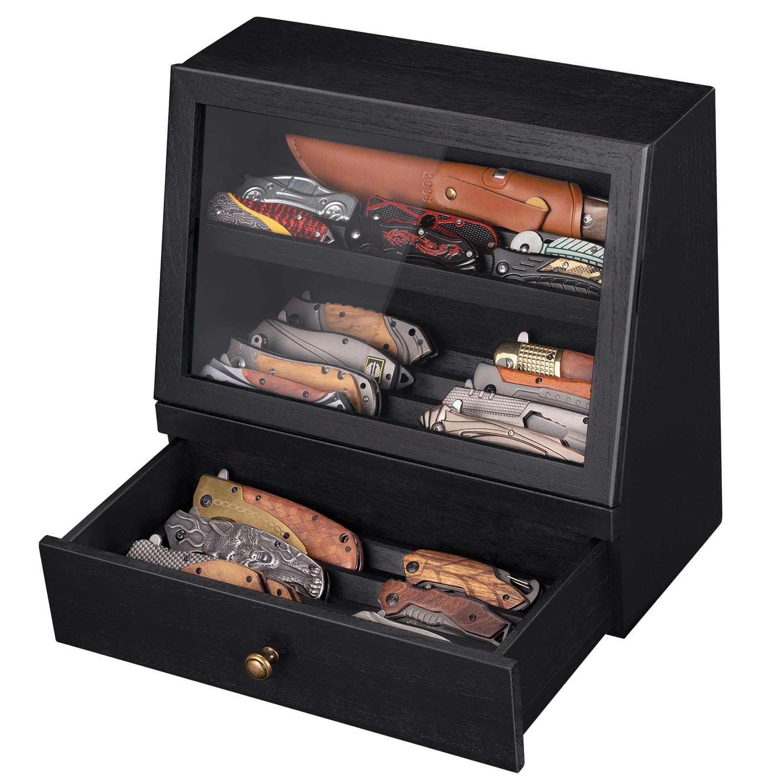 Knife Display Case, Knife Collection Display Holder with Glass Lid & Drawers