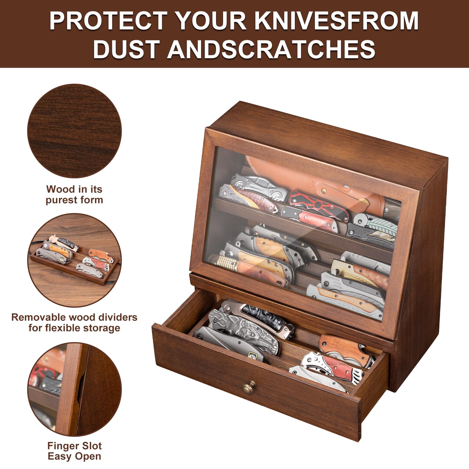 Knife Display Case, Knife Collection Display Holder with Glass Lid & Drawers