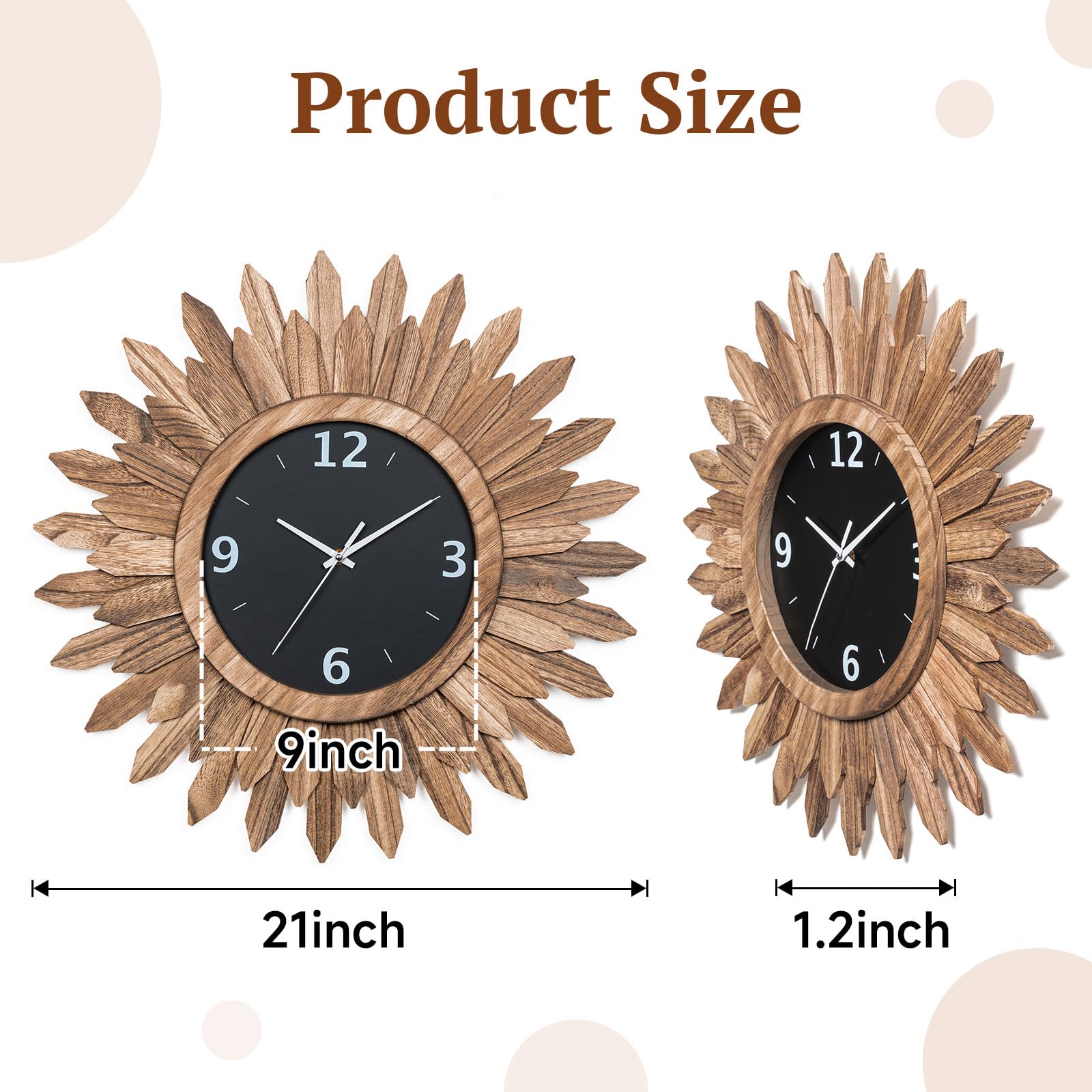 21 In Rustic Wood Boho Sunburst Decorative Wall Clock,Rustic Brown