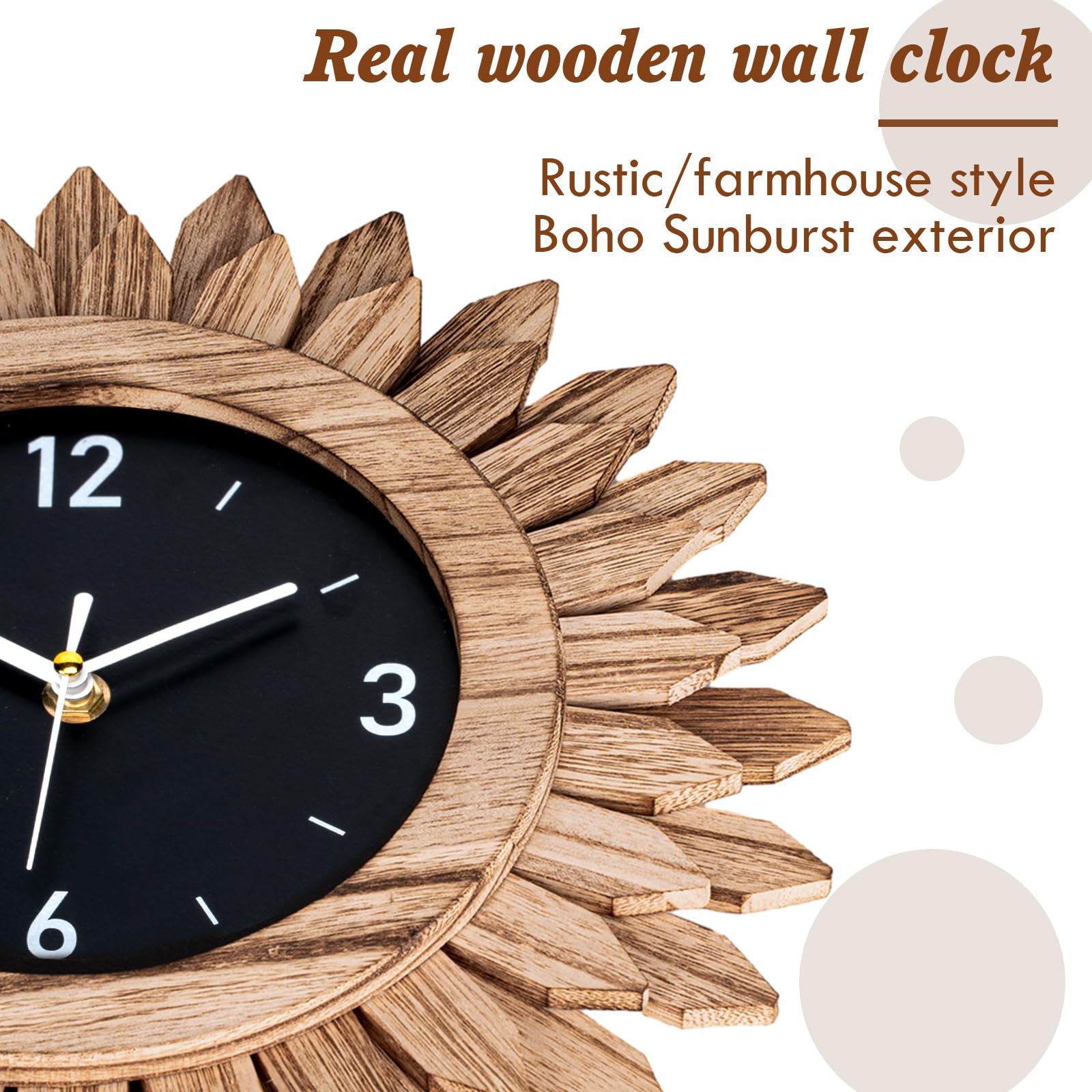12 In Rustic Wood Boho Sunburst Decorative Wall Clock,Rustic Brown
