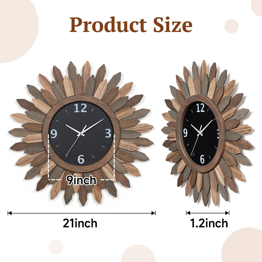 21 In Rustic Wood Boho Sunburst Decorative Wall Clock Tricolor