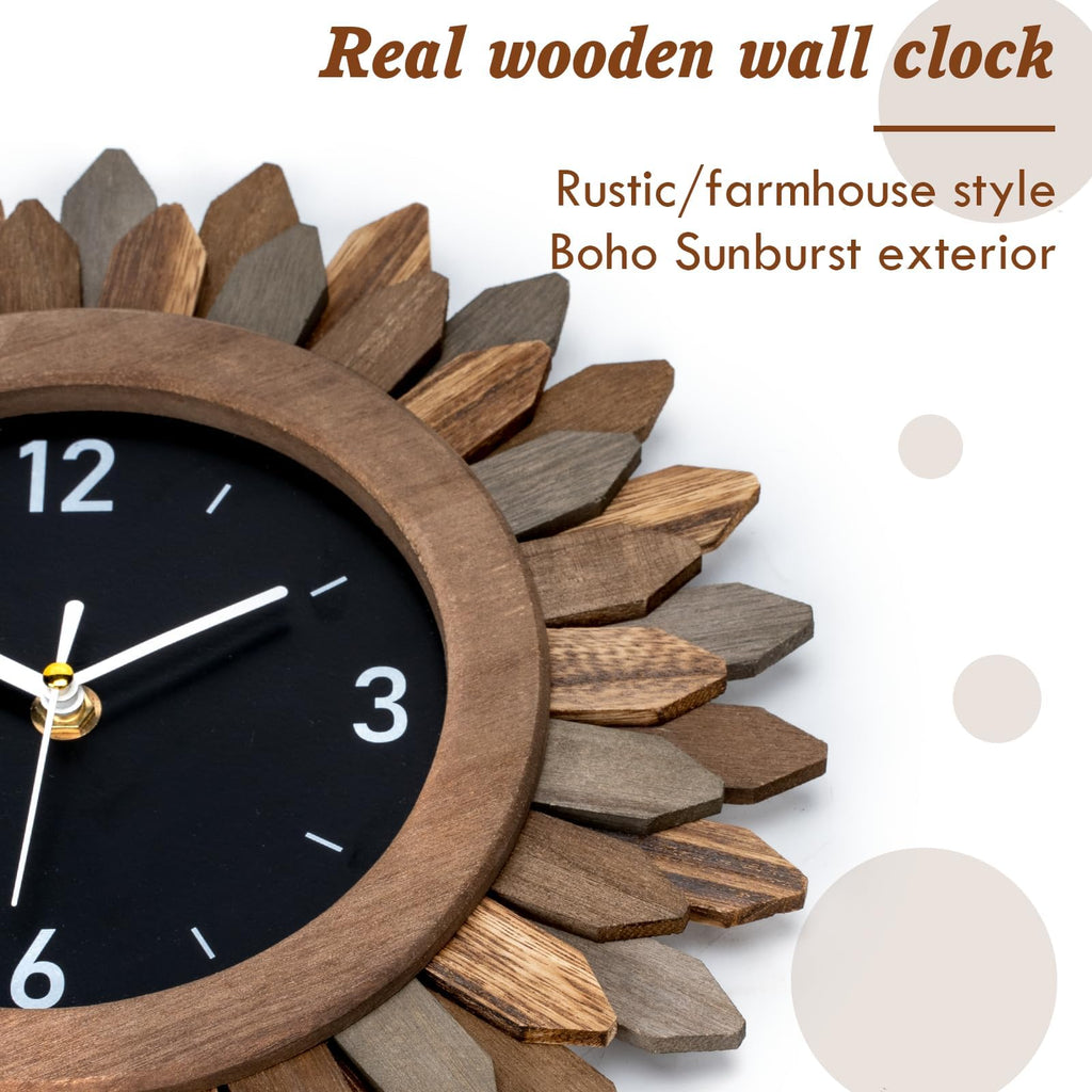 21 In Rustic Wood Boho Sunburst Decorative Wall Clock Tricolor