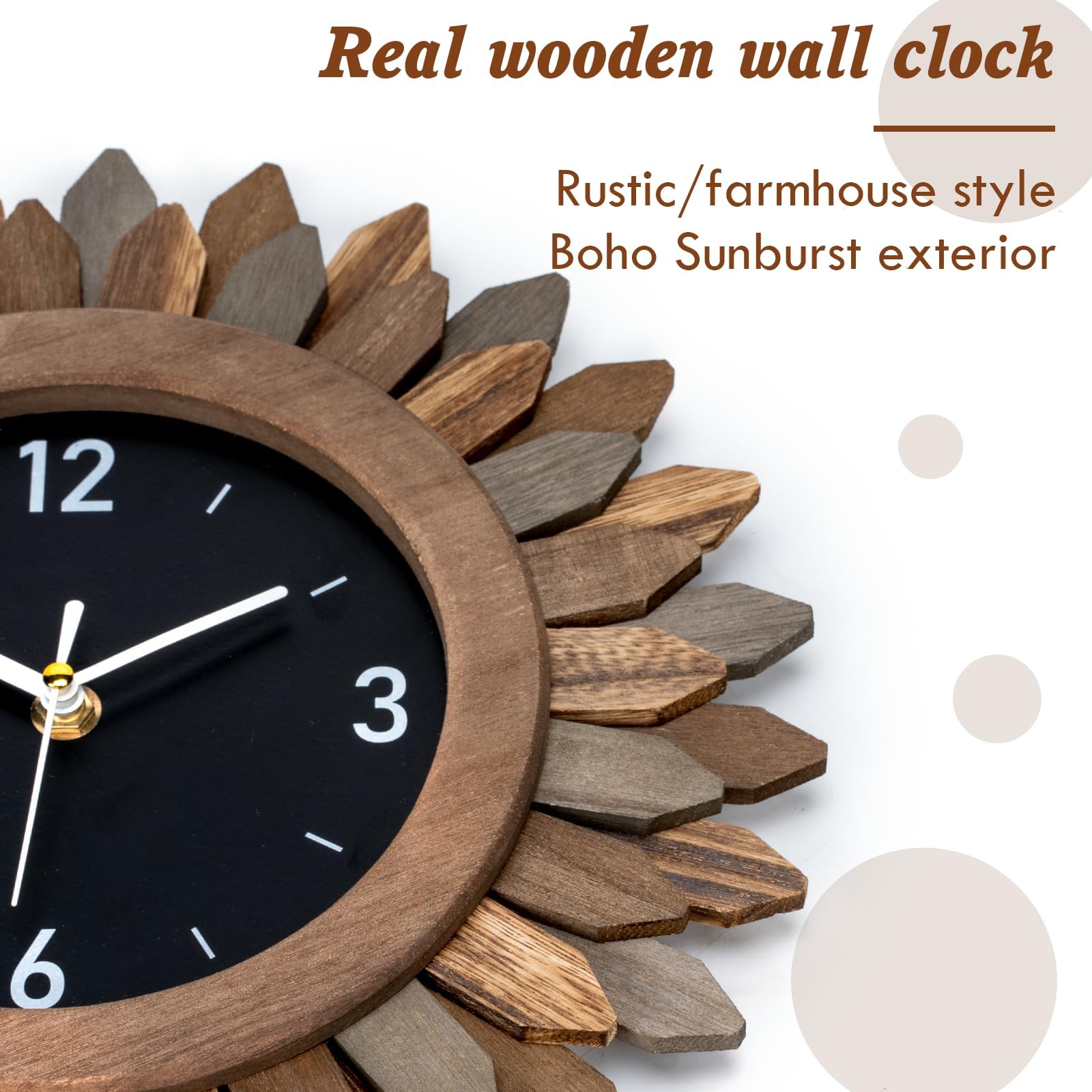 12 In Rustic Wood Boho Sunburst Decorative Wall Clock Tricolor