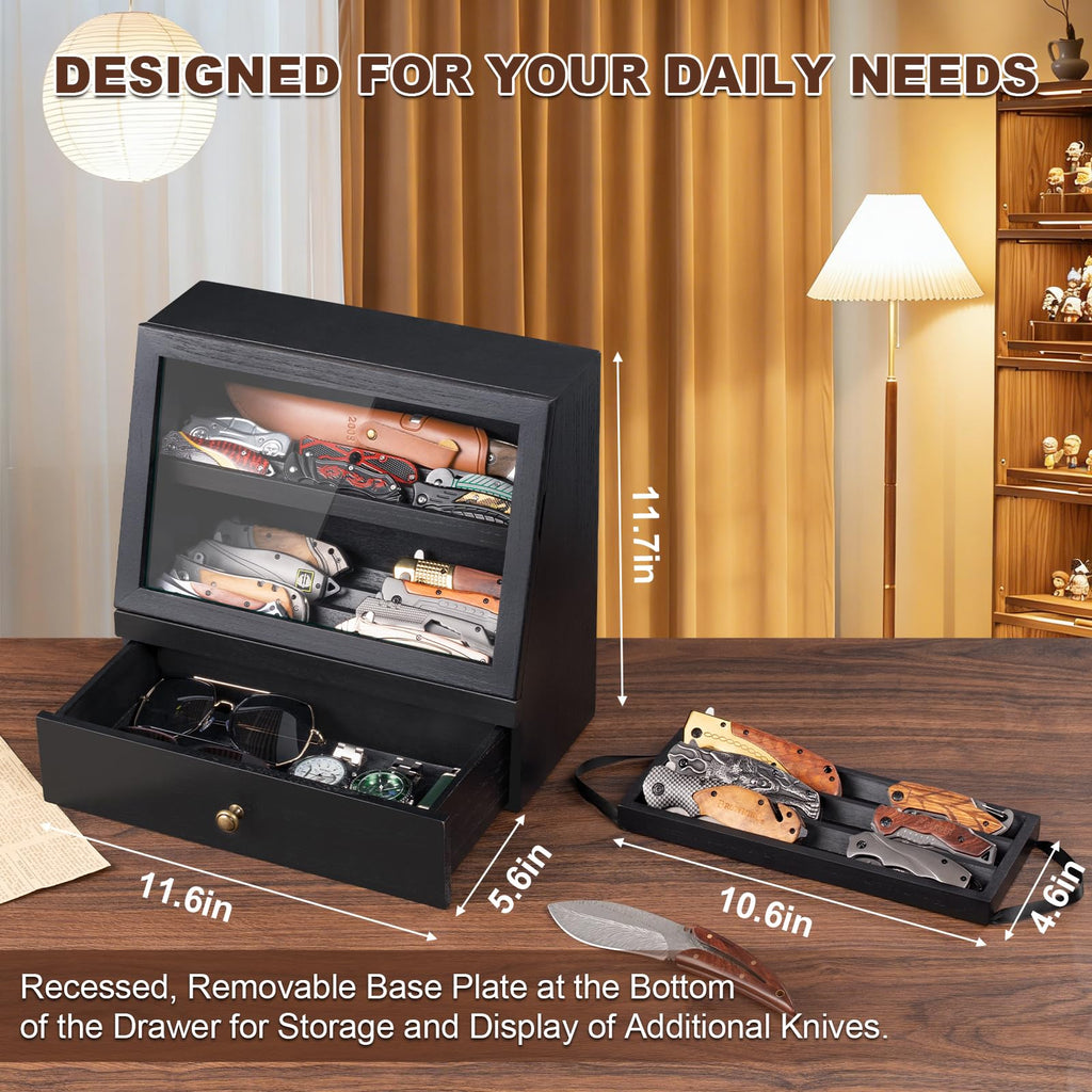 Knife Display Case, Knife Collection Display Holder with Glass Lid & Drawers