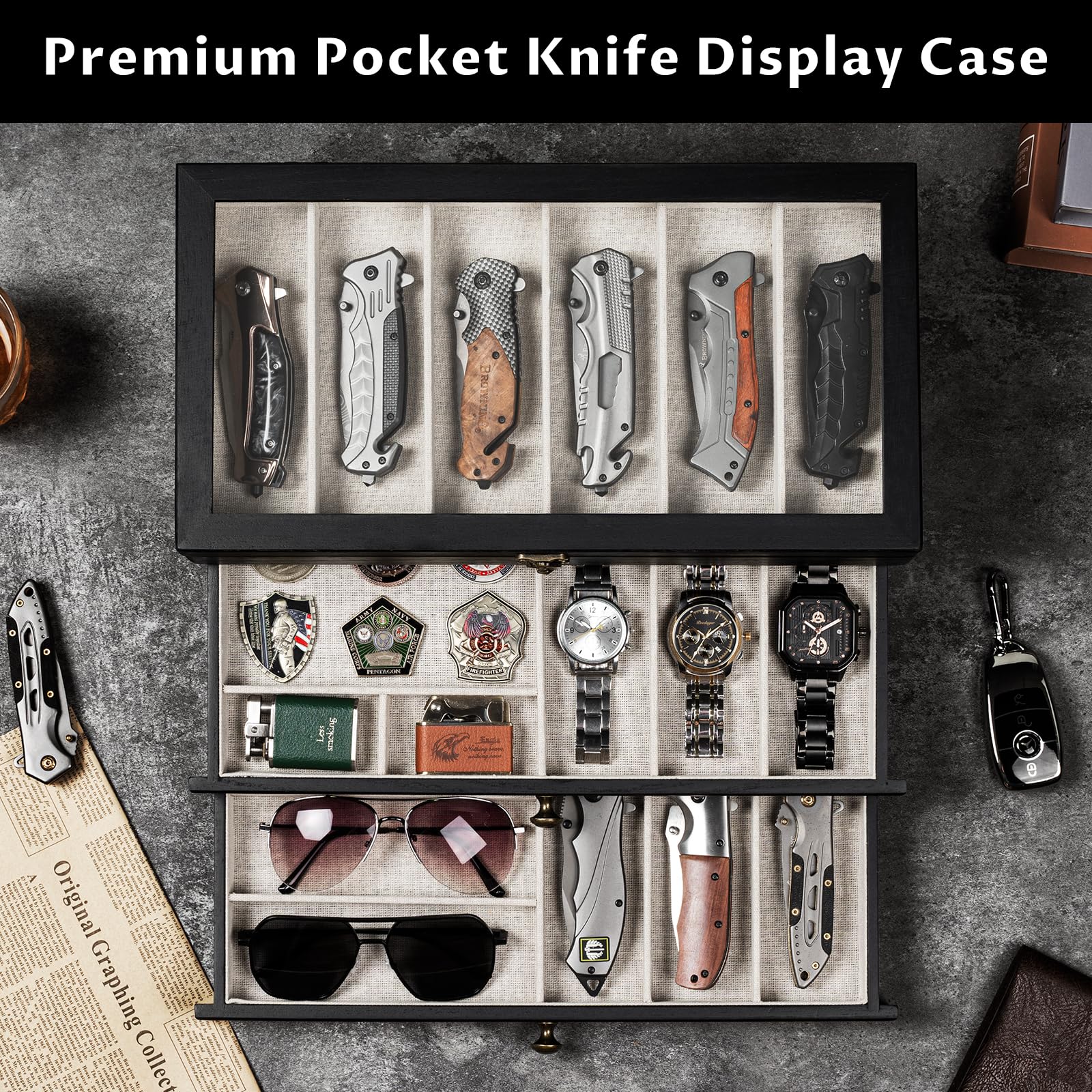 3-Layer Wooden Pocket Knife Case--Black