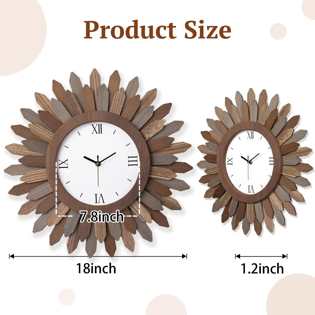 18 In Rustic Wood Boho Sunburst Decorative Wall Clock Tricolor