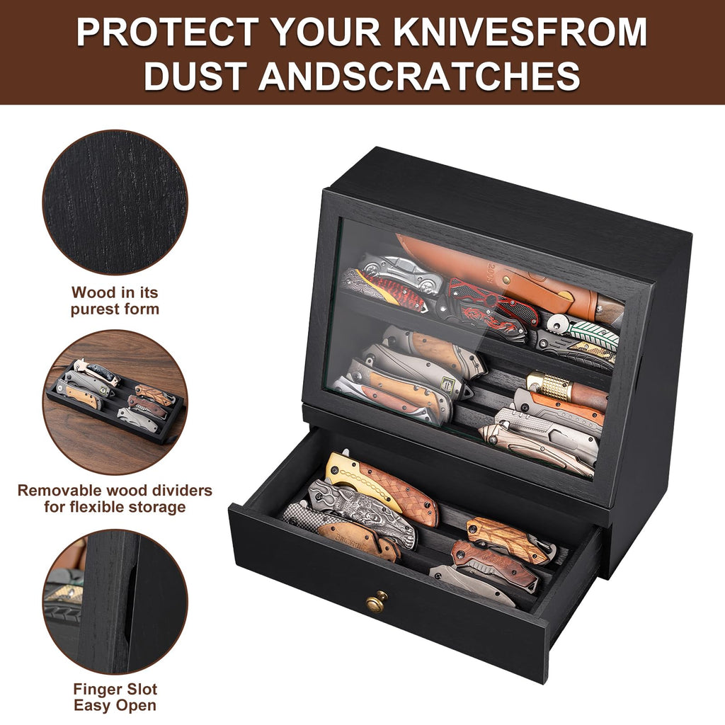 Knife Display Case, Knife Collection Display Holder with Glass Lid & Drawers