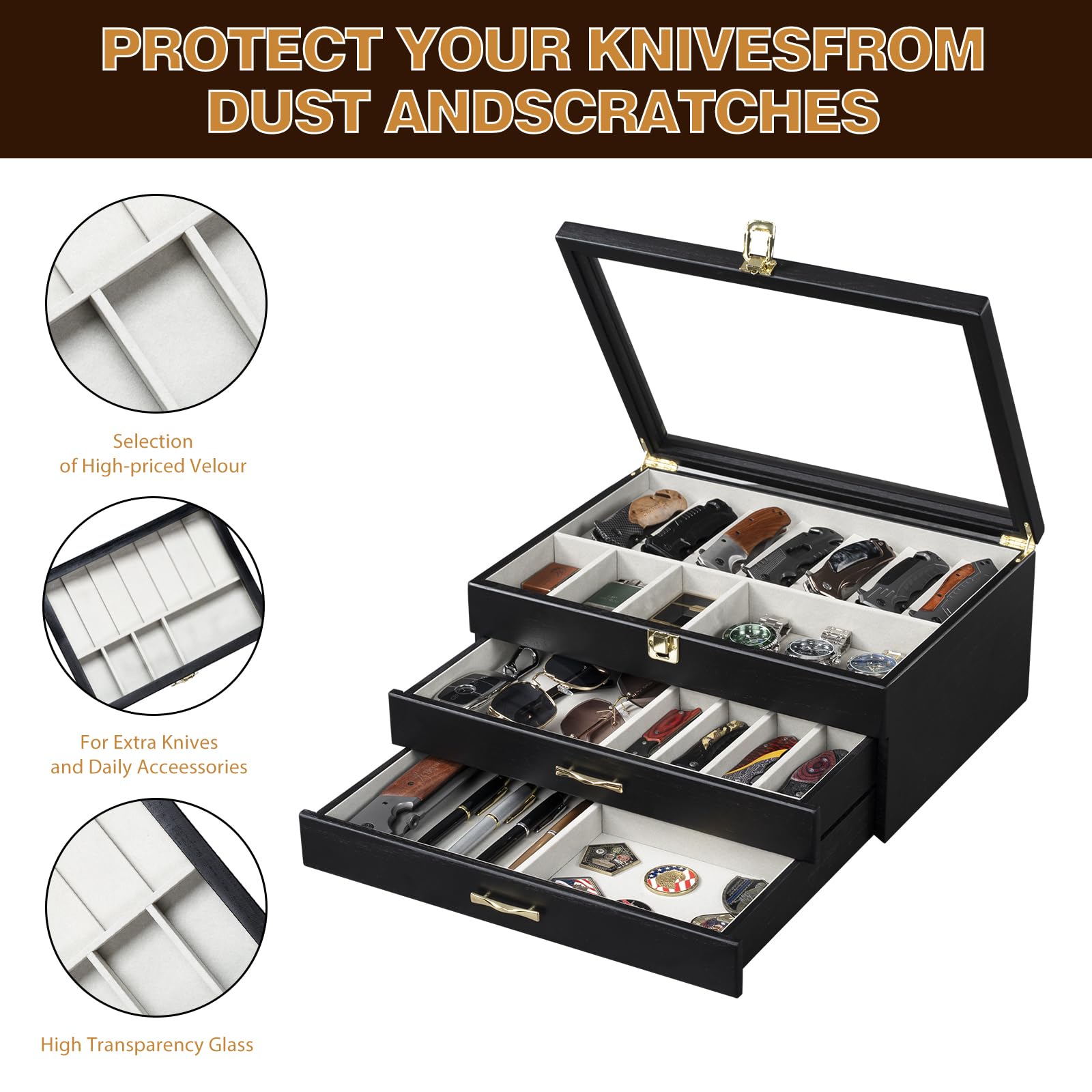 3-Layer Wooden Pocket Knife Case (Black)