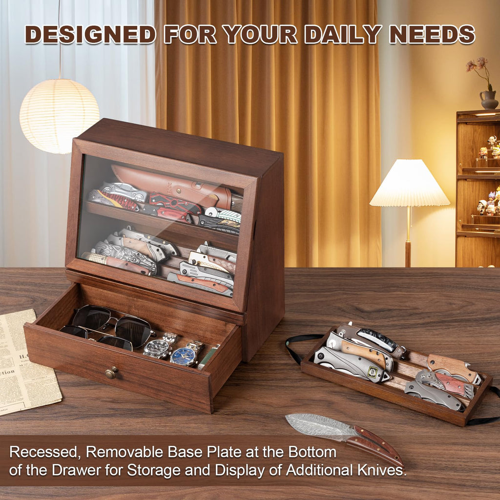 Knife Display Case, Knife Collection Display Holder with Glass Lid & Drawers