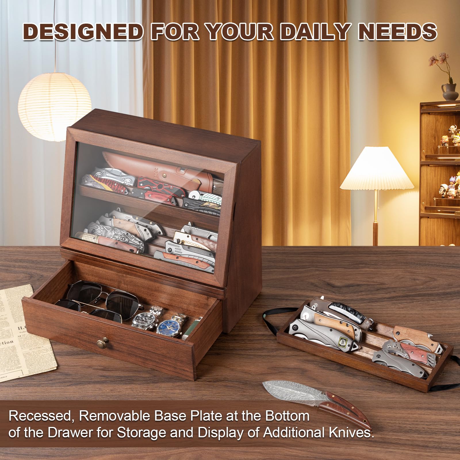 Knife Display Case, Knife Collection Display Holder with Glass Lid & Drawers
