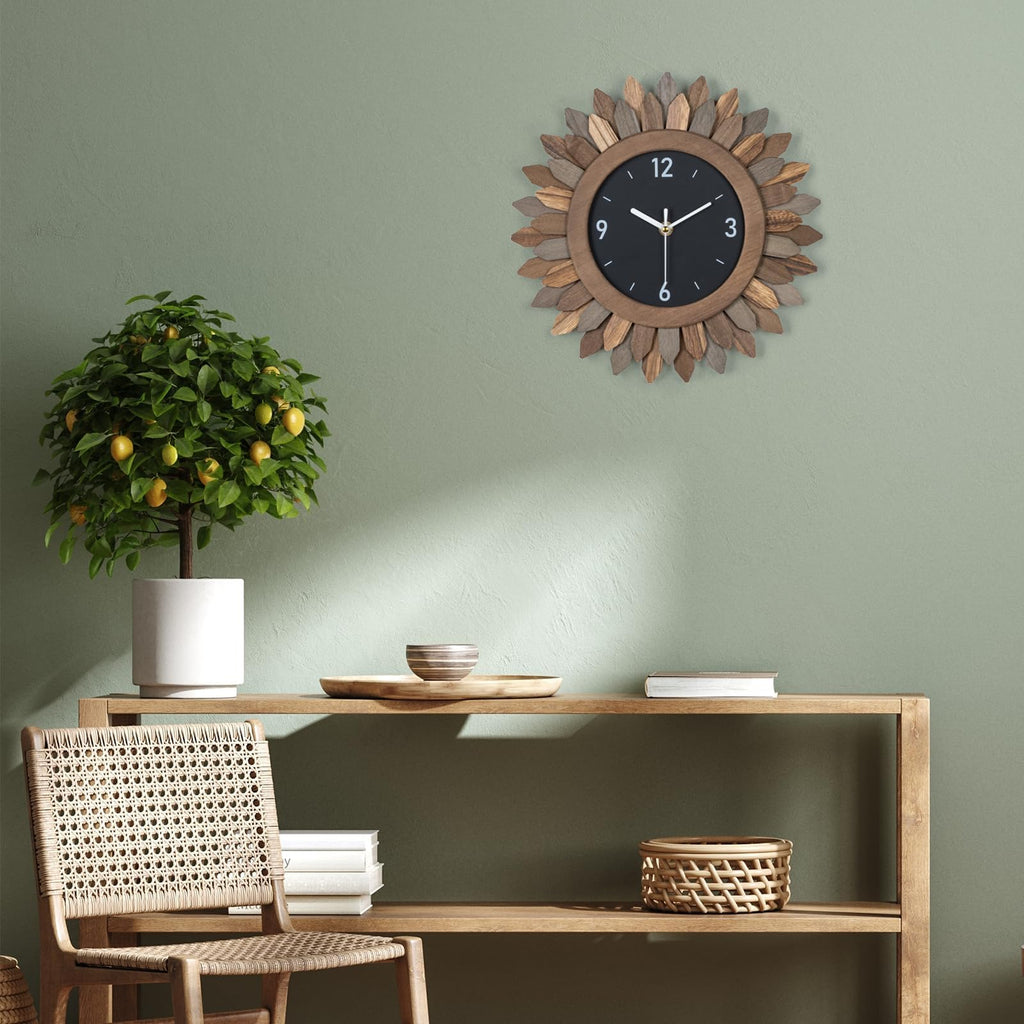 21 In Rustic Wood Boho Sunburst Decorative Wall Clock Tricolor