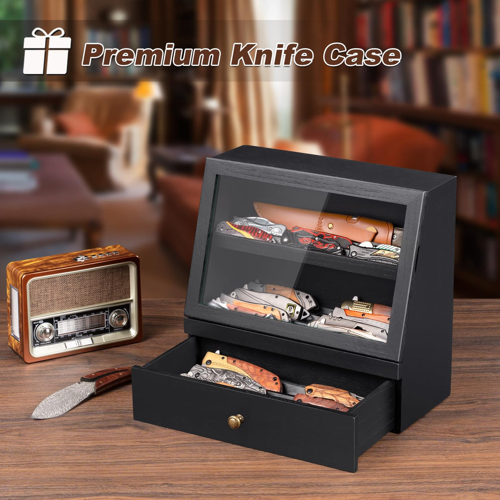 Knife Display Case, Knife Collection Display Holder with Glass Lid & Drawers