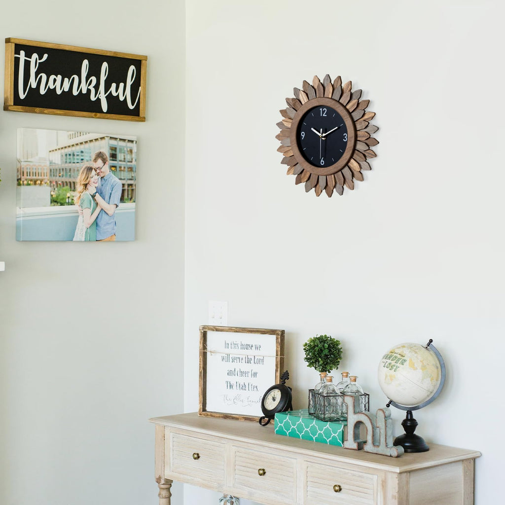21 In Rustic Wood Boho Sunburst Decorative Wall Clock Tricolor