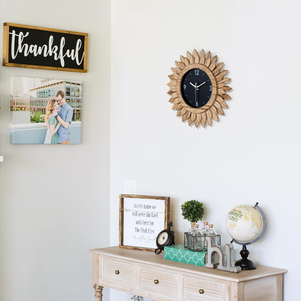 12 In Rustic Wood Boho Sunburst Decorative Wall Clock,Rustic Brown