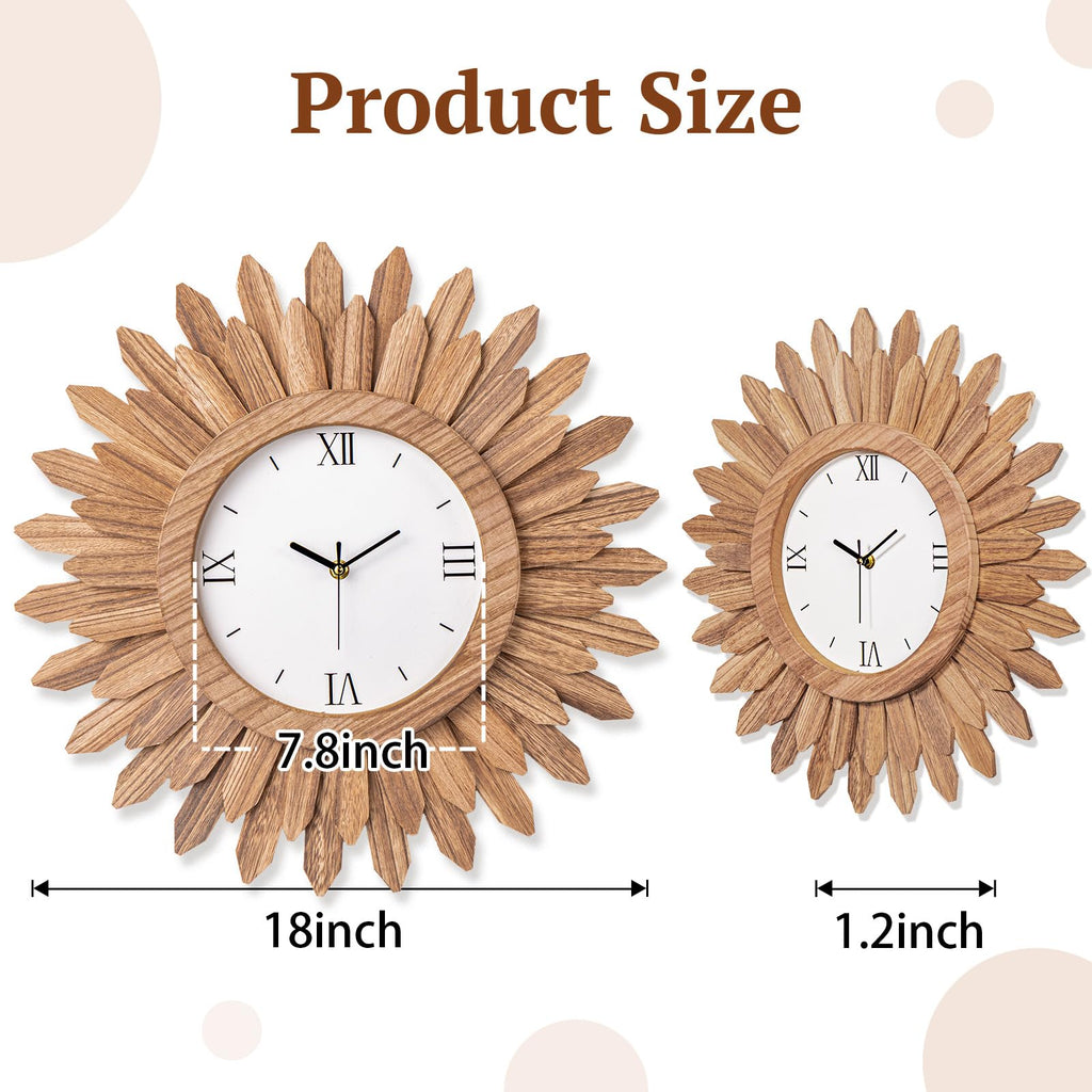 18 In Rustic Wood Boho Sunburst Decorative Wall Clock Tricolor